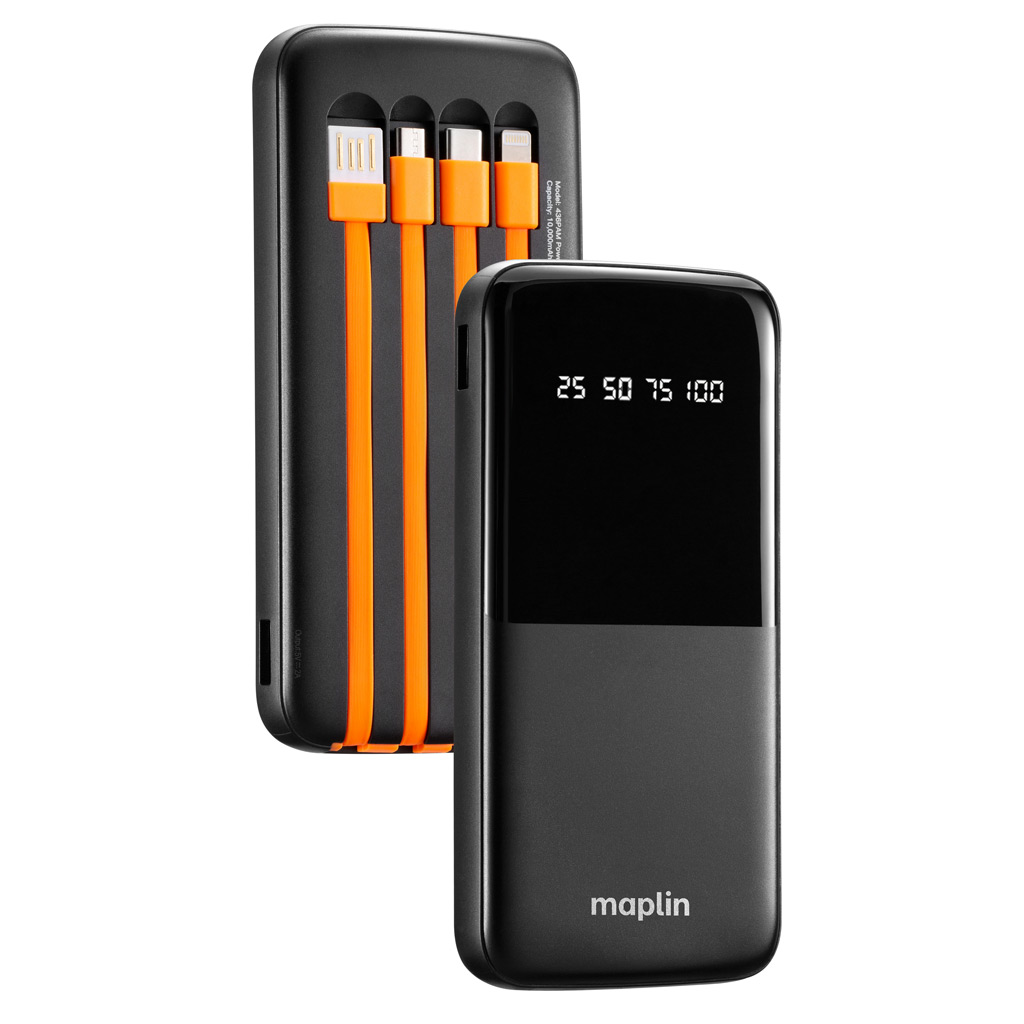 Maplin 10,000mAh Slim Portable Power Bank With Integrated Cables